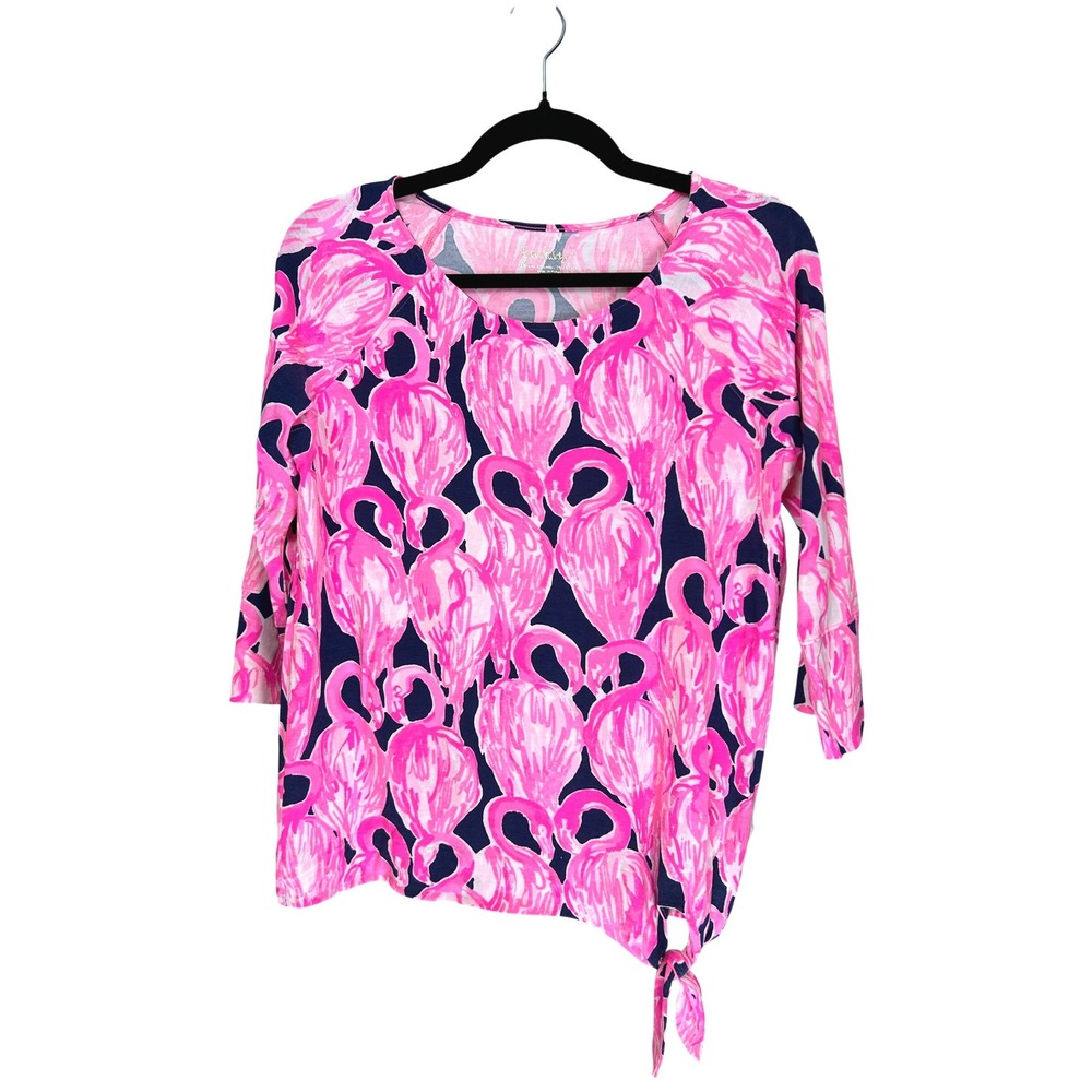 Lilly Pulitzer Via Amor Pink Waverly Flamingo Robyn Top 3/4 Sleeve Women's Large - Picture 3 of 7